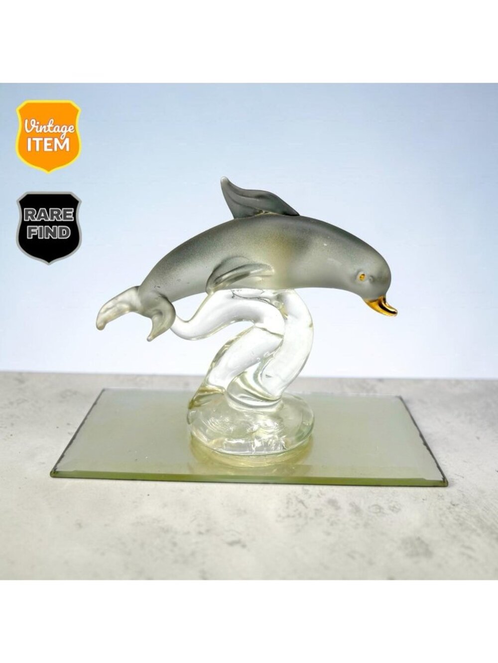 Vintage Glass Dolphin Crystal Gold Accents with Mirrored Base. RARE! Glass Art.
